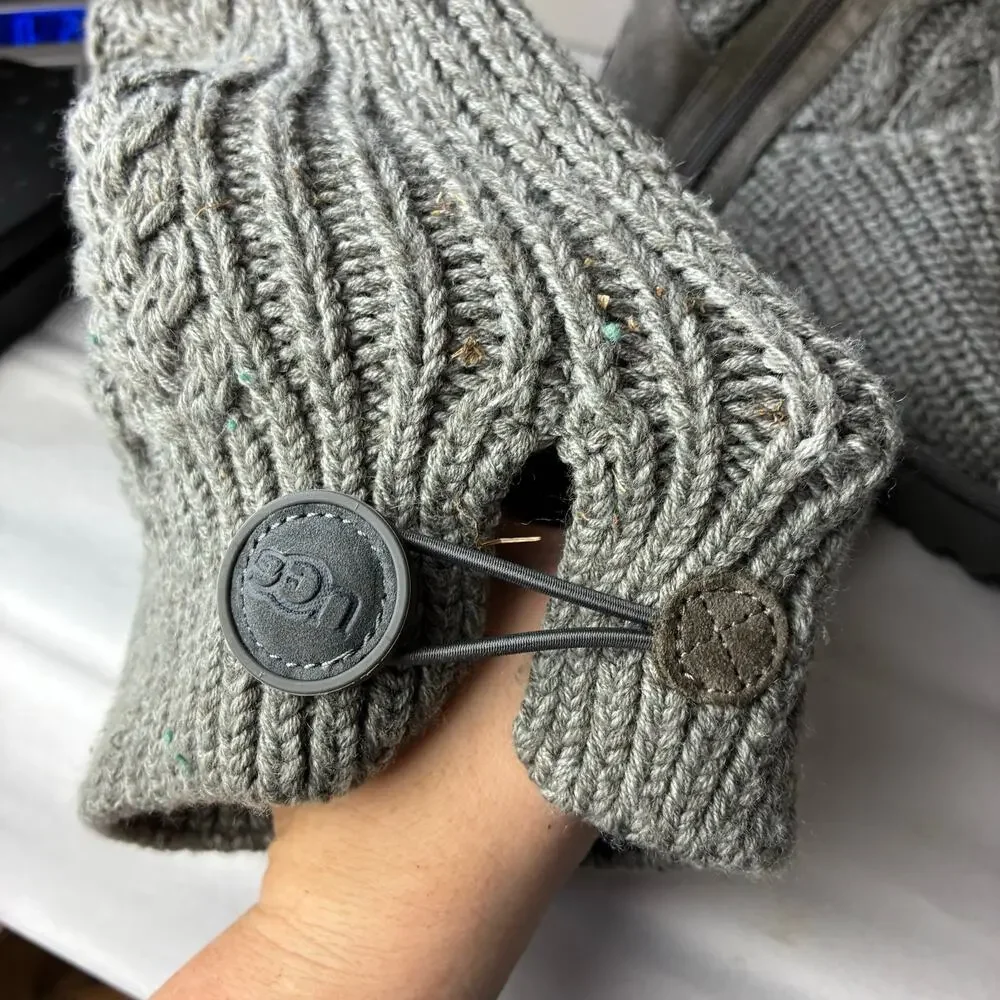 UGG Tall Classic Cardy Cable Knit Boots Women 11 Gray Wool Slouchy Button Winter